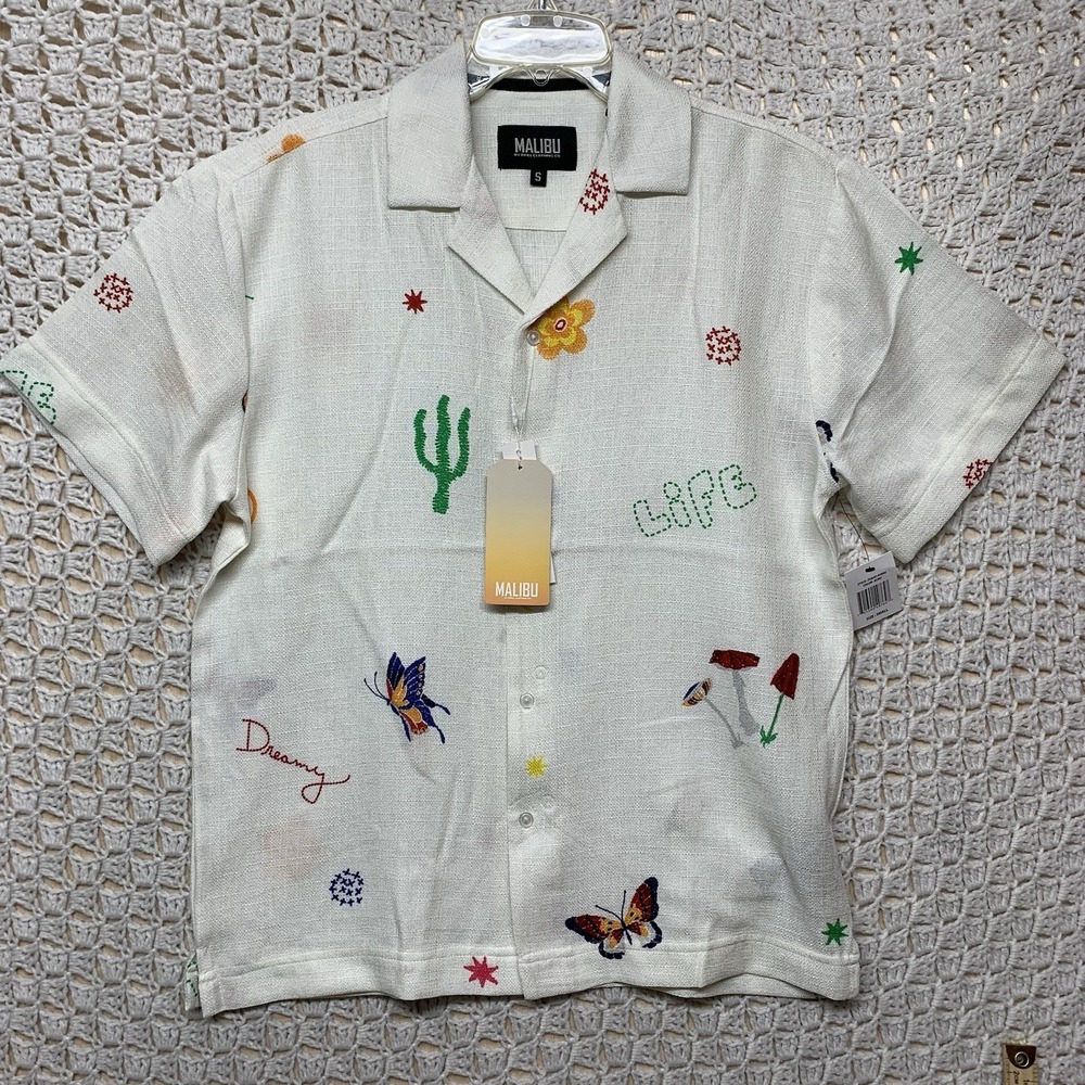 Malibu By Drill Clothing CO.‎ Shirt Mens Small Ecru Button Up Lightweight Beach